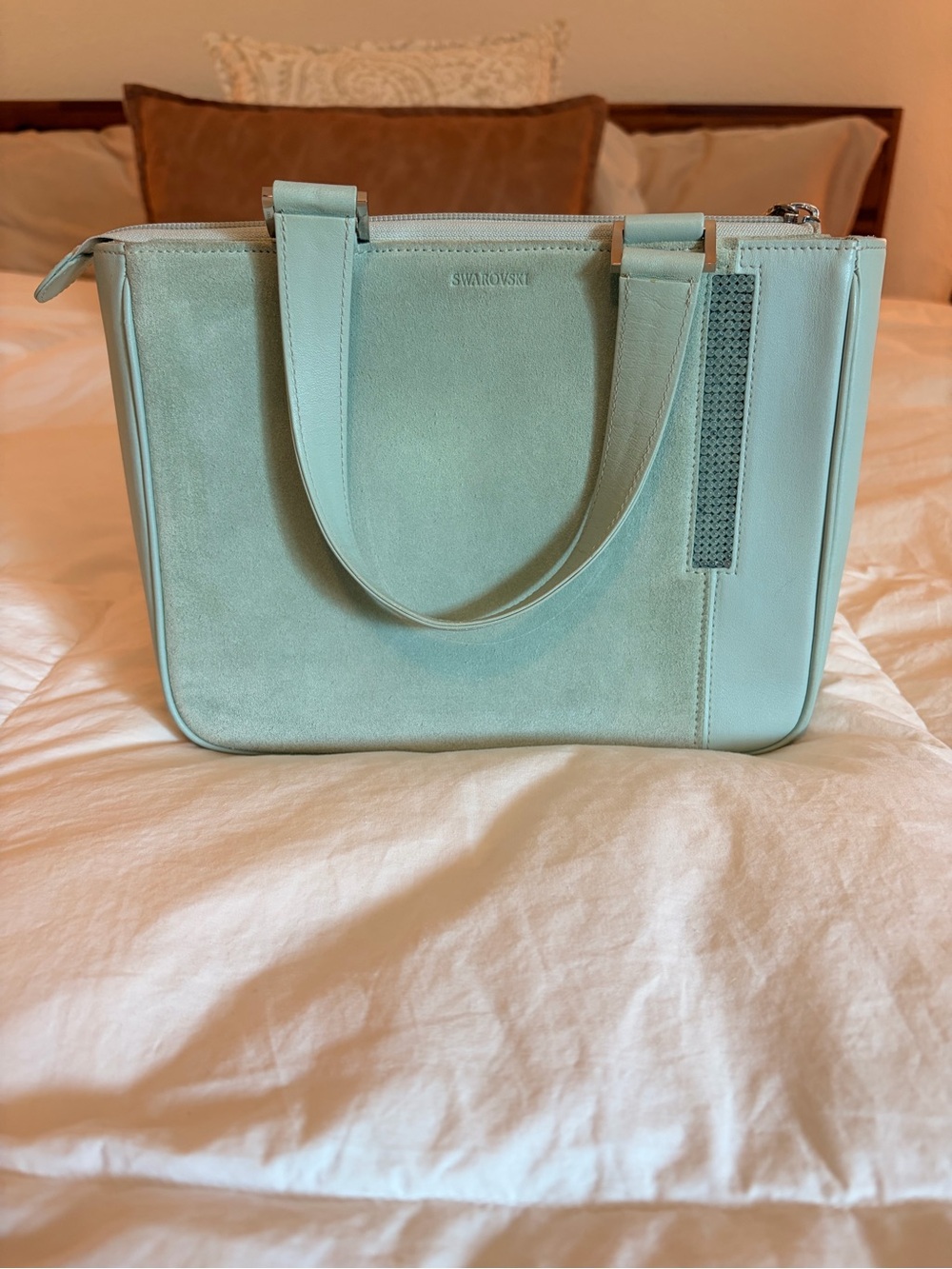 Vintage Swarovski Mint Green Suede & Leather Tote